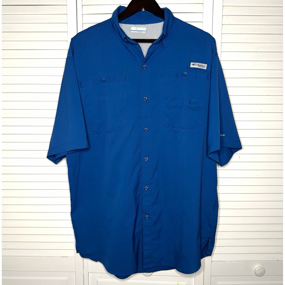 Columbia PFG Fishing Shirt Men's L Tall Blue Short Sleeve Vented Button Up